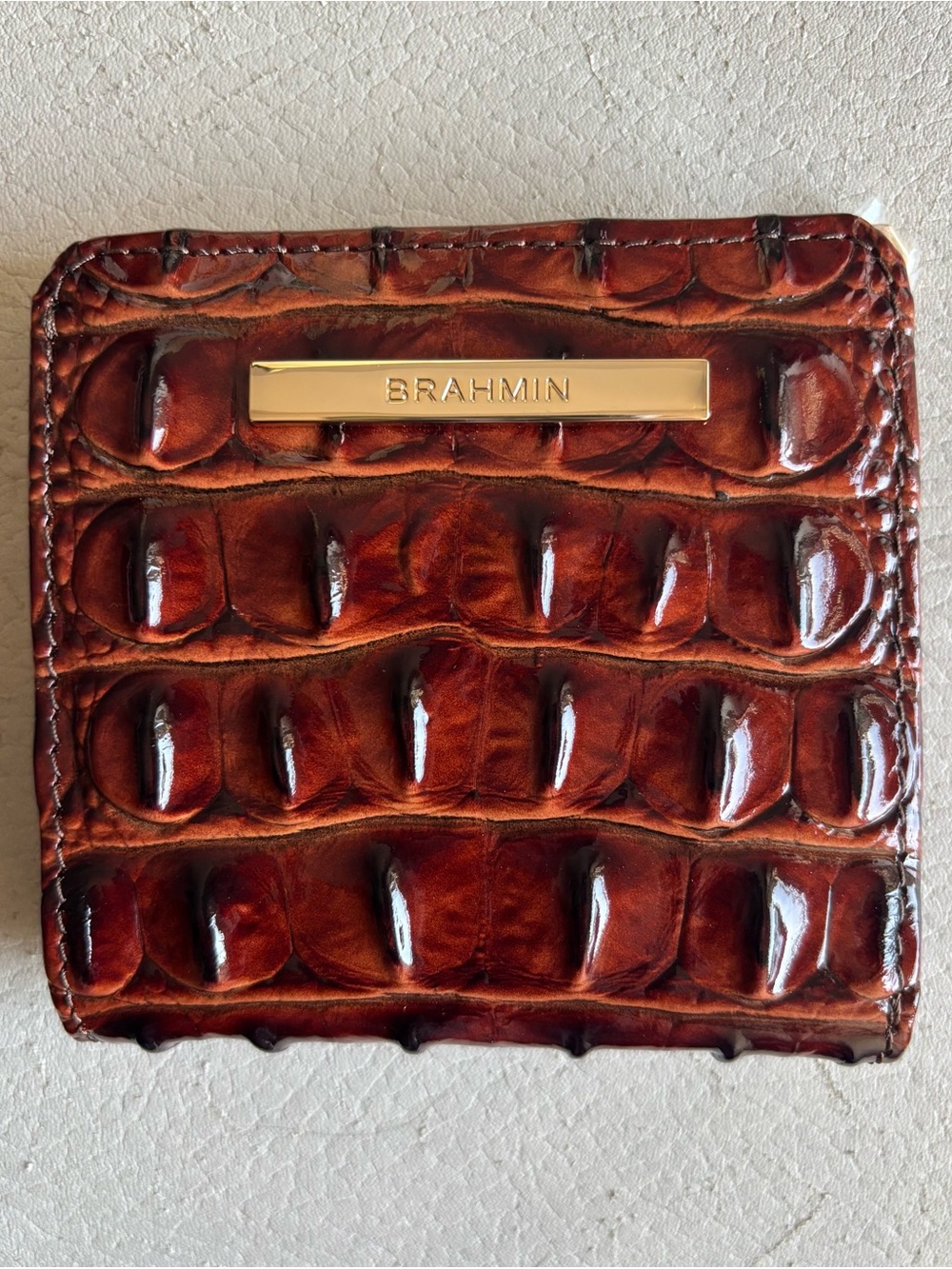 Brahmin Rich Chestnut Croc-Embossed Leather Wallet with Gold Plaque